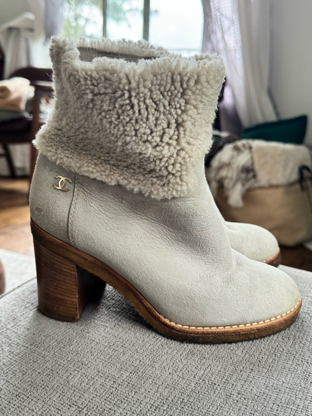Chanel Cream Shearling Cuff Suede Ankle Boots
